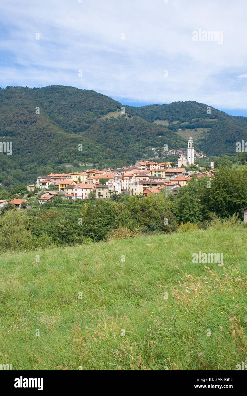 View onto the borough Caneggio. She is located in the Valle di Muggio, above Mendrisio, surrounded by vineyards and wooods, canton Ticino, Switzerland Stock Photo