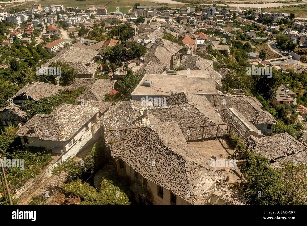 View of the rooftops over the city Gjirocastra, Albania Stock Photo