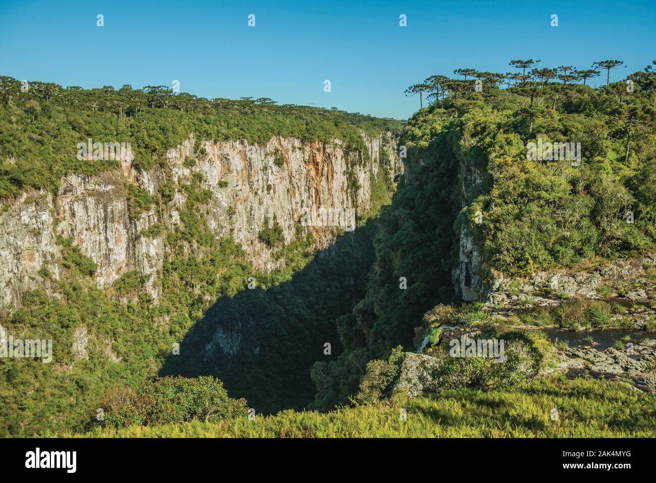 Itaimbezinho Canyon with steep rocky cliffs covered by forest near Cambara do Sul. A town with natural tourist sights in southern Brazil. Stock Photo