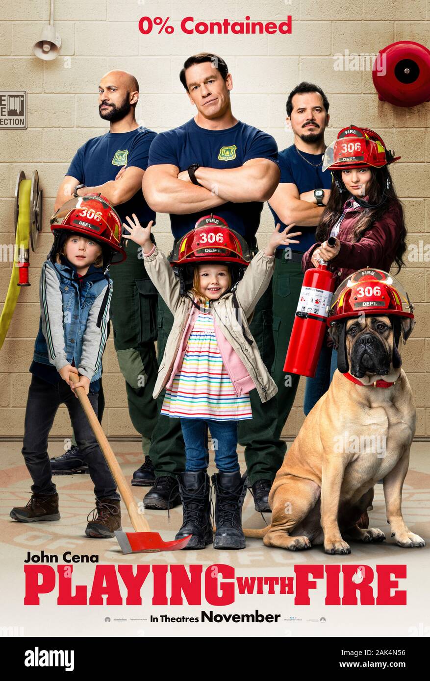 Playing with Fire (2019) directed by Andy Fickman and starring John Cena, Keegan-Michael Key and John Leguizamo. Family comedy about 3 firefighters who bond with 3 orphans they rescue. Stock Photo