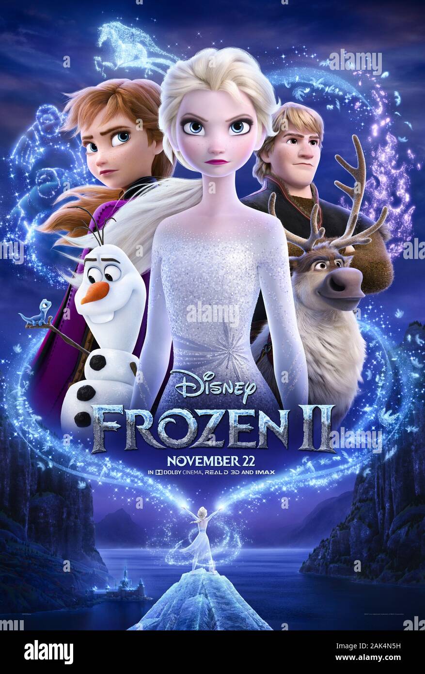 Frozen II (2019) directed by Chris Buck and Jennifer Lee and starring Kristen Bell, Idina Menzel, Josh Gad and Jonathan Groff. Anna, Elsa, Kristoff, Olaf and Sven return for more heart-warming adventure in the kingdom of Arendelle Stock Photo