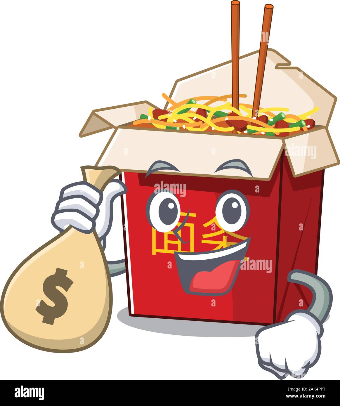 Happy rich chinese box noodle cartoon character with money bag Stock