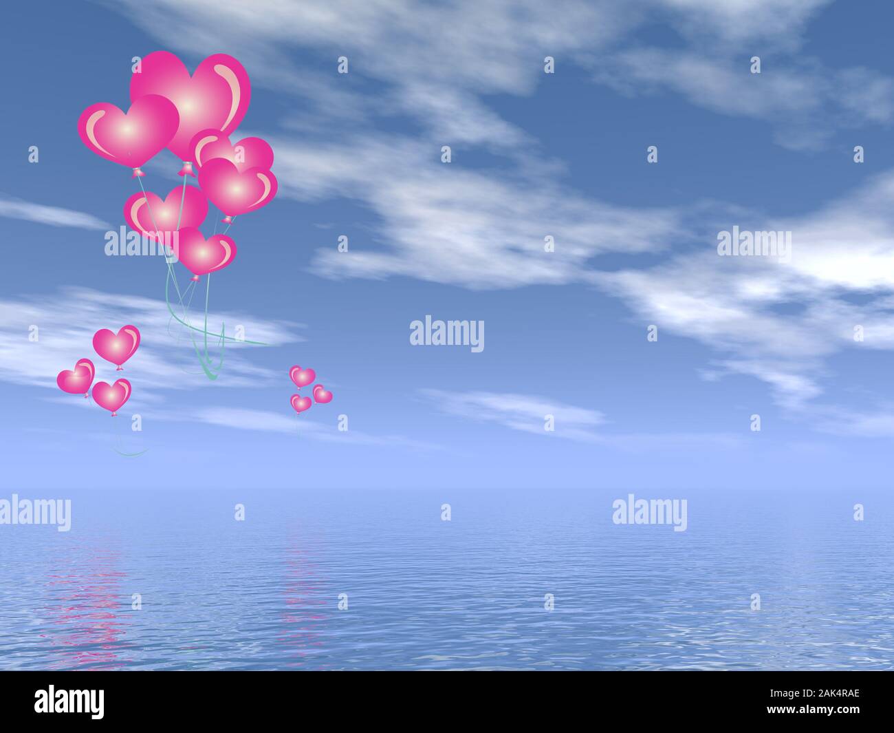 Three bunches of heart balloons flying in the sky - 3D render Stock ...