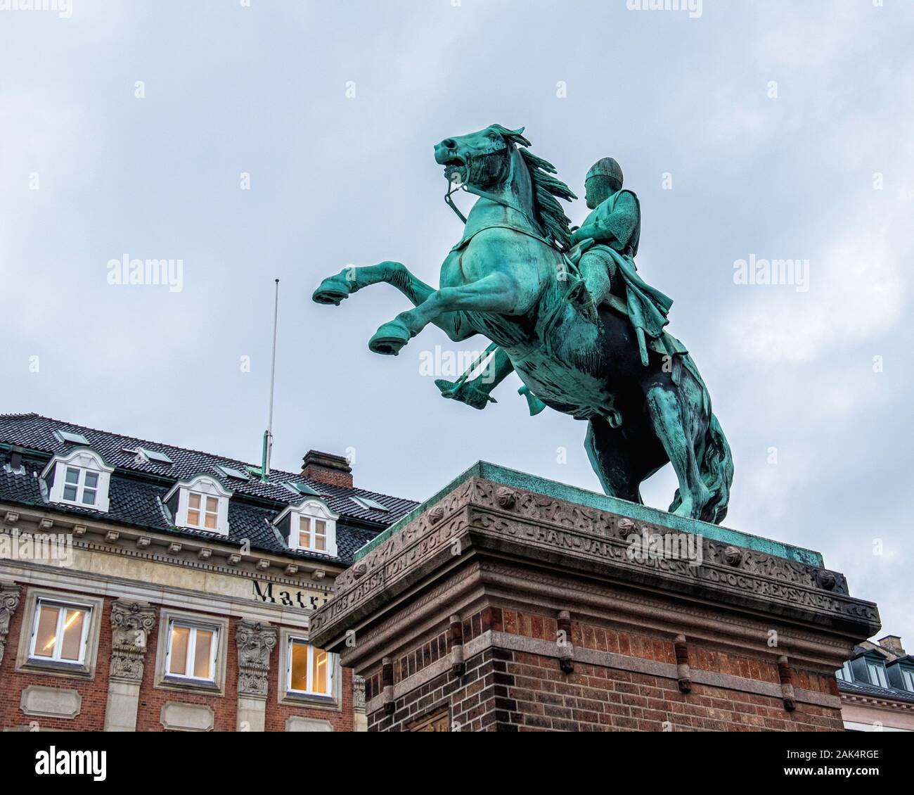 Equestrian Statue of Absalon, Danish archbishop, Politician & statesman on Højbro Plads, Copenhagen, Denmark  Bishop of Roskilde from 1158 to1192 Stock Photo