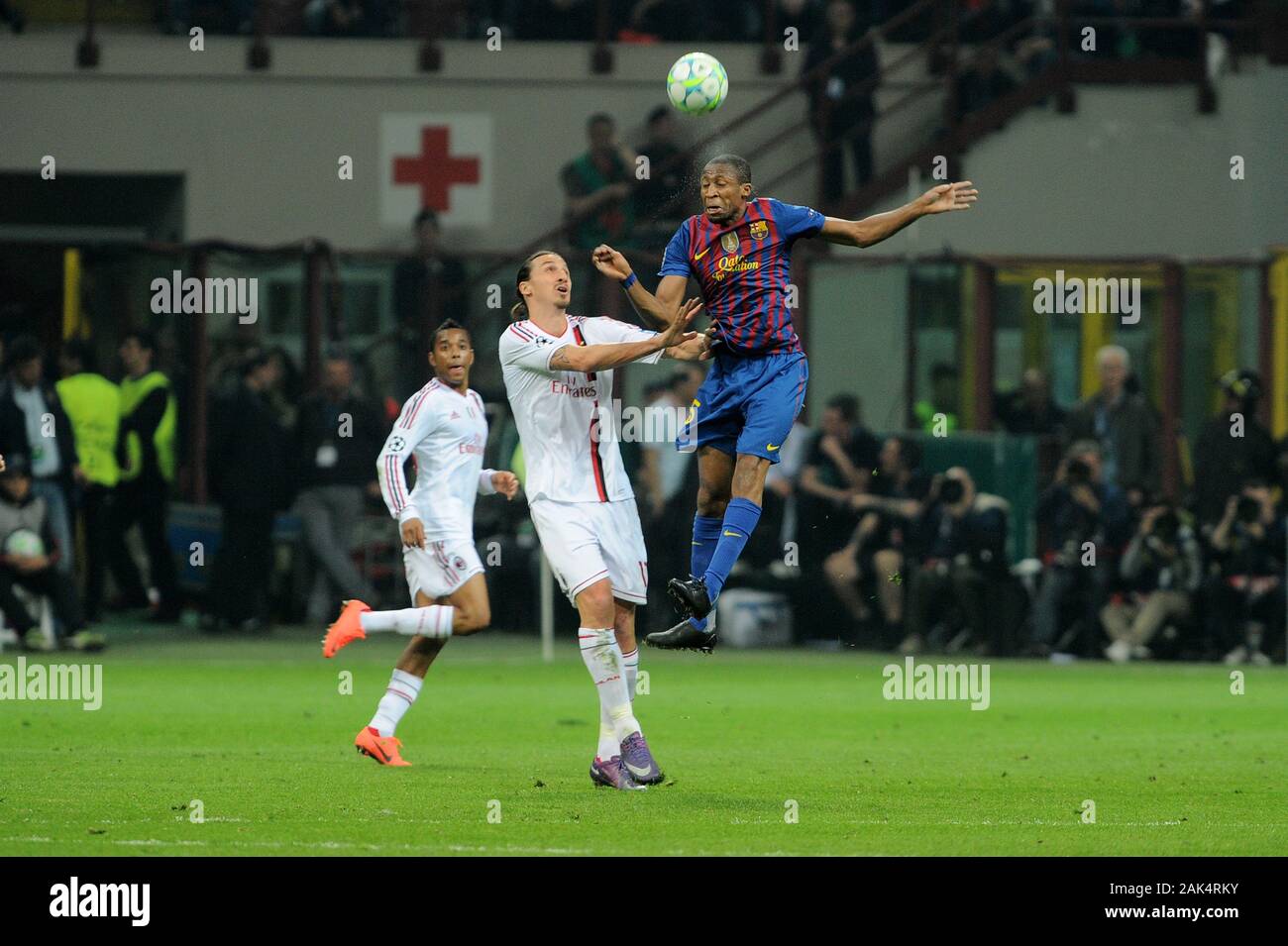 Milano Italy 28/03/2012, 'Giuseppe Meazza' Stadium, Champions League 2011/ 2012 , AC.Milan - FC Barcellona match: Seydou Keita and Zlatan Ibrahimovic in action during the match Stock Photo