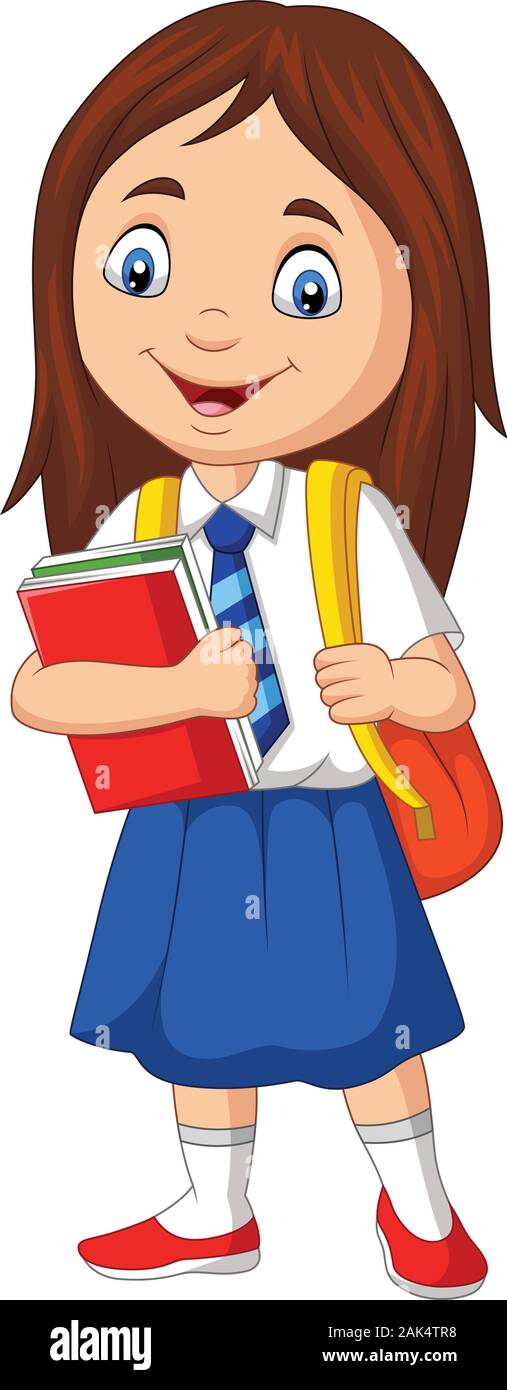 Cartoon school girl in uniform with book and backpack Stock Vector Image &  Art - Alamy
