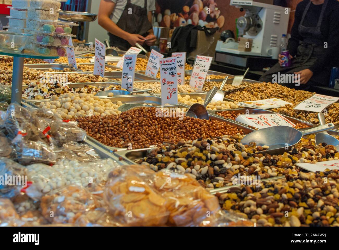 Different types of nuts displayed to sell Stock Photo