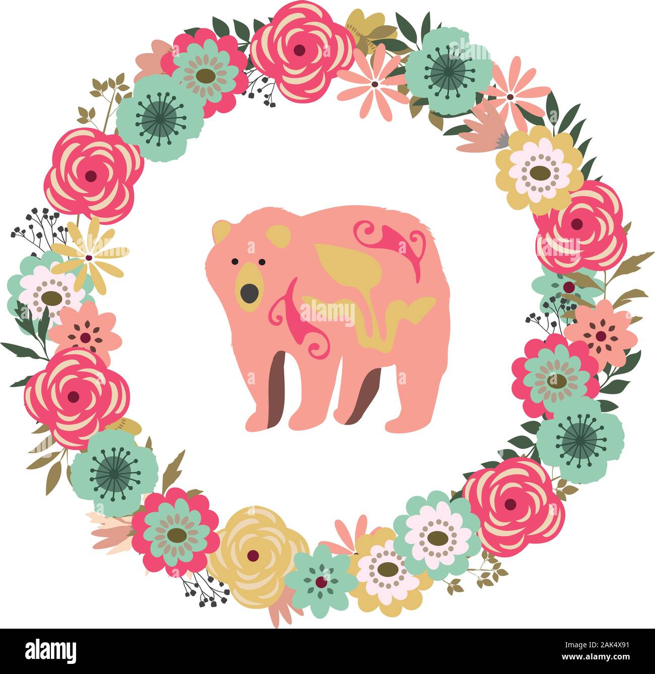 https://c8.alamy.com/comp/2AK4X91/vector-illustration-of-a-floral-vintage-frame-with-a-vintage-bear-retro-flowers-background-2AK4X91.jpg