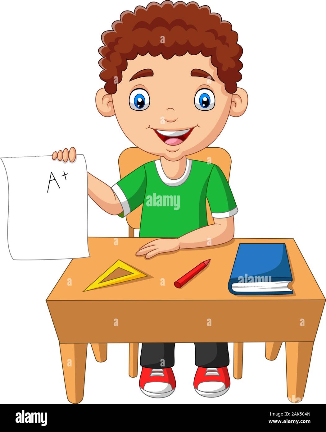 Cartoon little boy holding paper with A plus grade Stock Vector