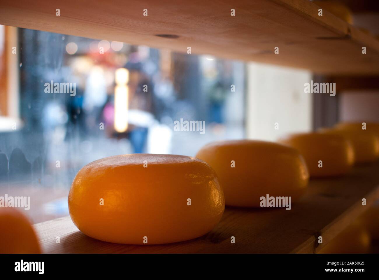 Cheeses displayed in line on the shelf of a store Stock Photo