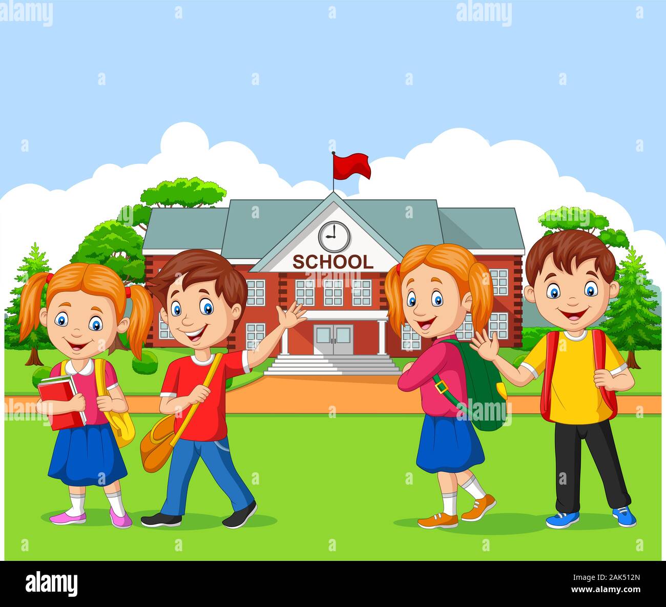 Happy School Children In Front Of The School Stock Vector Image Art Alamy