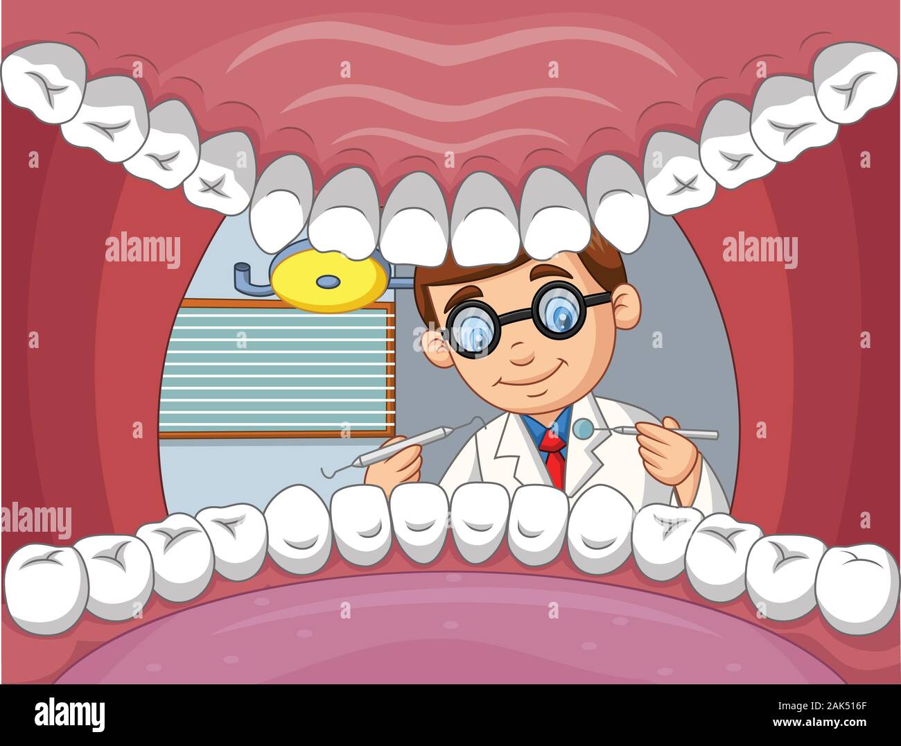 Cartoon dentist check tooth into open mouth of patient Stock Vector