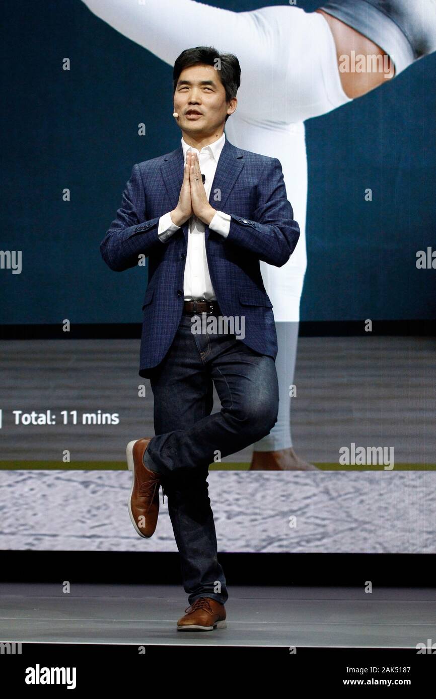 Las Vegas, United States. 07th Jan, 2020. Sebastian Seung, Executive VP of Samsung Research demonstrates a Yoga pose during a Keynote presentation at the 2020 International CES, at the Sands Convention Center in Las Vegas, Nevada on Monday, January 6, 2020. Photo by James Atoa/UPI Credit: UPI/Alamy Live News Stock Photo