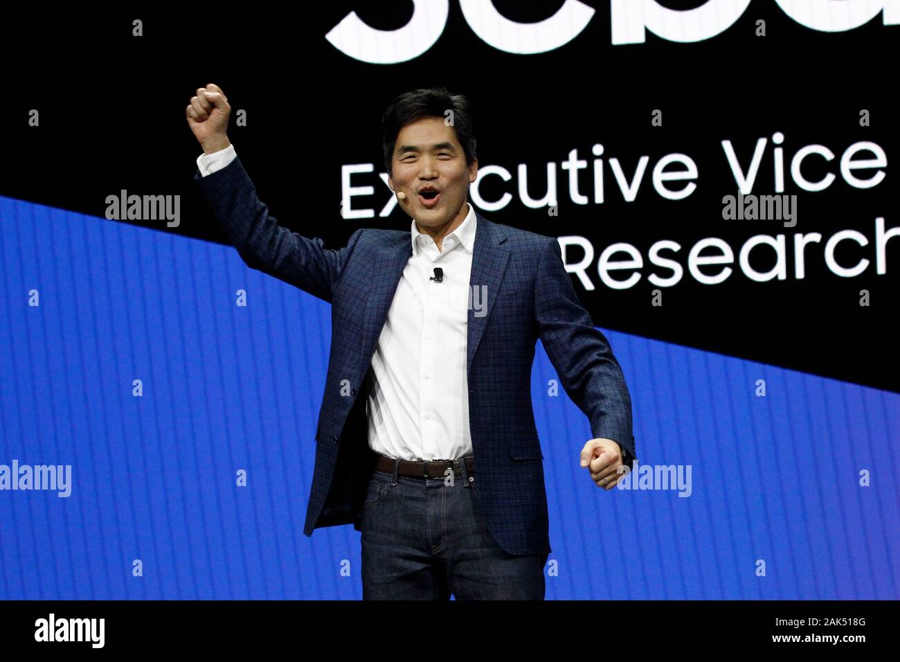 Las Vegas, United States. 07th Jan, 2020. An enthusiastic Sebastian Seung, Executive VP of Samsung Research takes the stage during a Keynote presentation at the 2020 International CES, at the Sands Convention Center in Las Vegas, Nevada on Monday, January 6, 2020. Photo by James Atoa/UPI Credit: UPI/Alamy Live News Stock Photo
