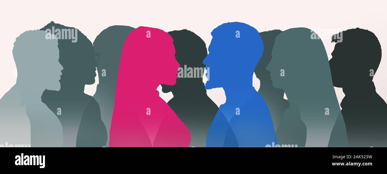 Man and woman, love from first sight. Pink female silhouette against blue male silhouette among gray shadows of people over white background, panorama Stock Photo