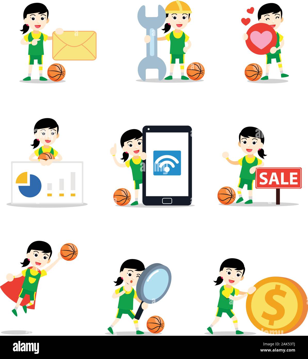 Set of character female basketball player in sport competition. Stock Vector