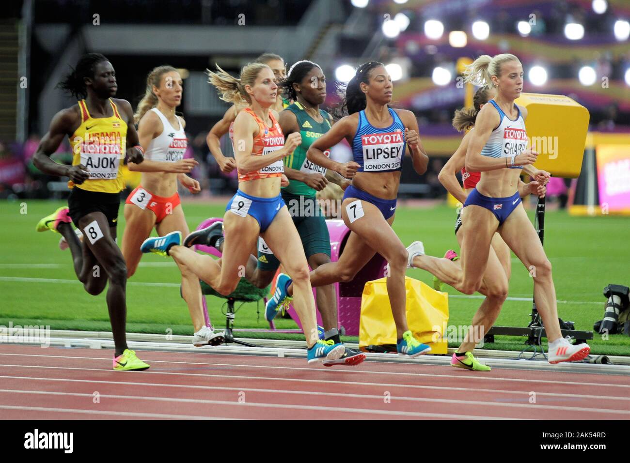 Lynsey Sharp (Great Britain ) , Charlene Lipsey (USA) , Caster Semenya (Afrique du Sud), Angelika Cichocka (Pologne), Docus Ajok (Ouganda)  and Sanne Verstegen-Wolters (Nederlandt) during the 2nd Semi Final 800 m women of the IAAF World Athletics Championships on August 6, 201 at the Olympic stadium in London, Great Britain Photo Laurent Lairys / DPPI Stock Photo