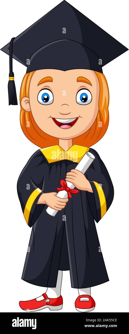 Cartoon girl in graduation costume holding a diploma Stock Vector