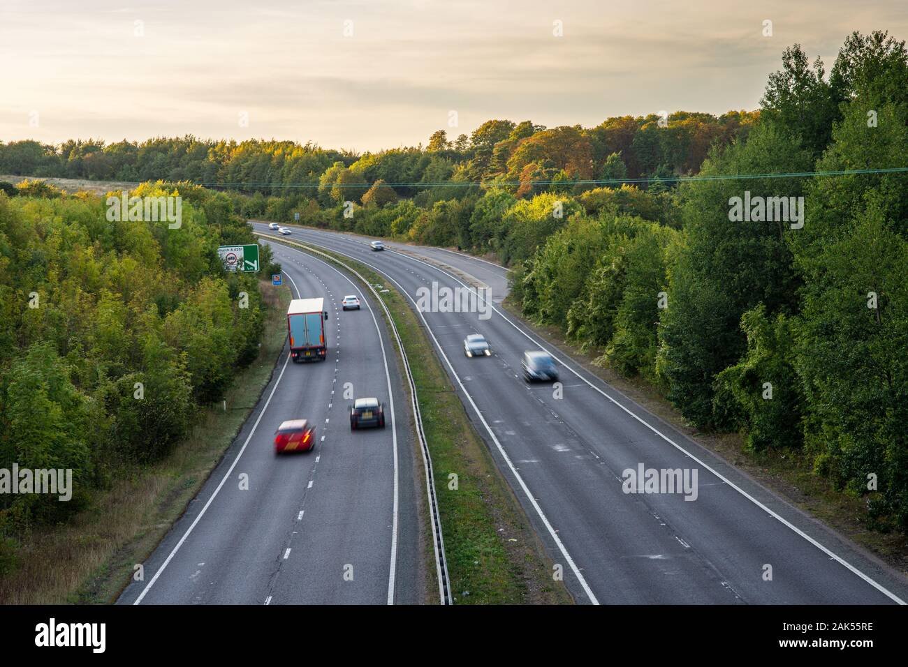 Tring, England, UK - September 14, 2019: Light traffic flows on the A41 dual carriageway near Tring in Hertfordshire in the London commuter belt. Stock Photo