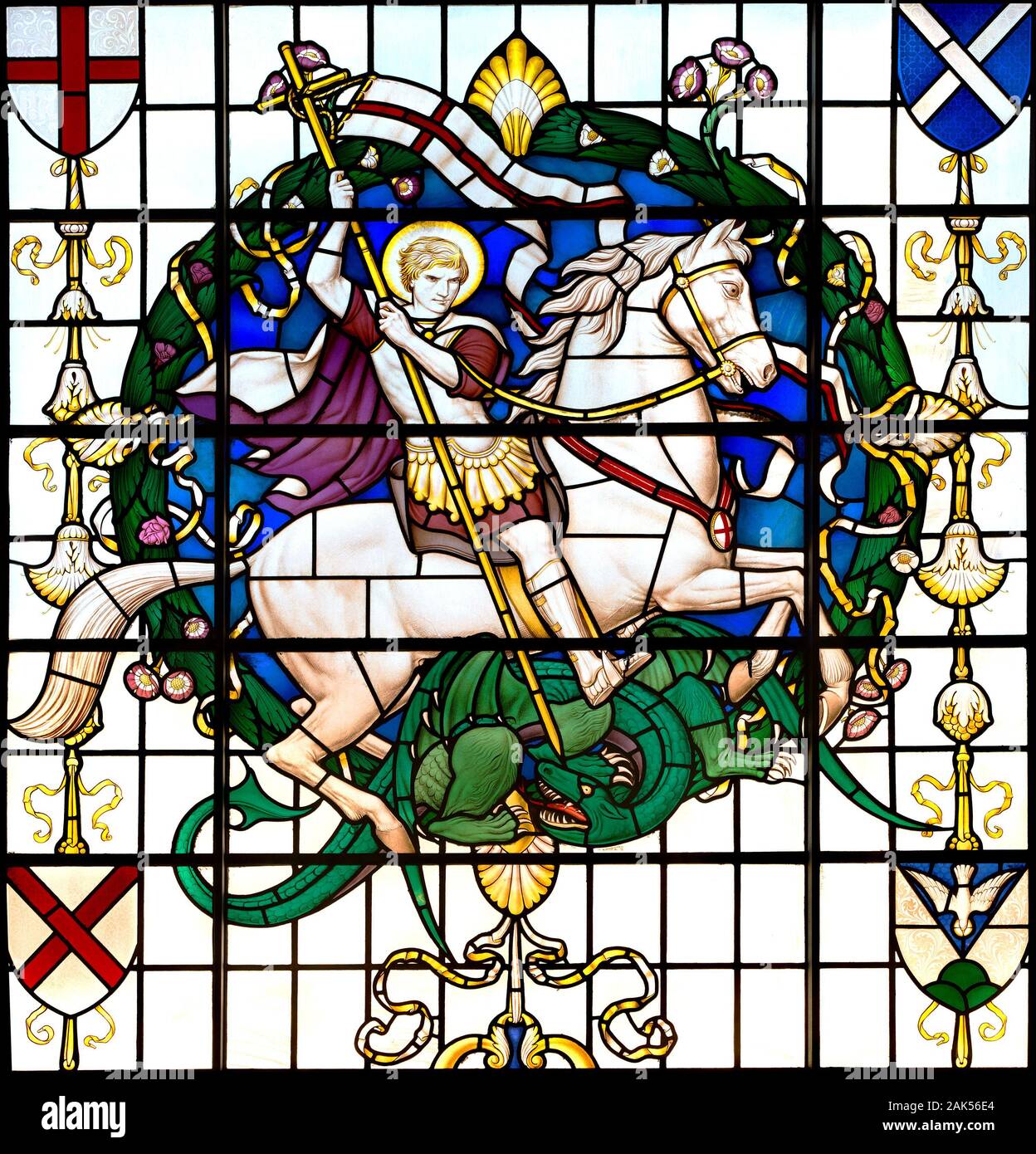 London, England UK. Church of St Lawrence Jewry - stained glass window. St George Stock Photo