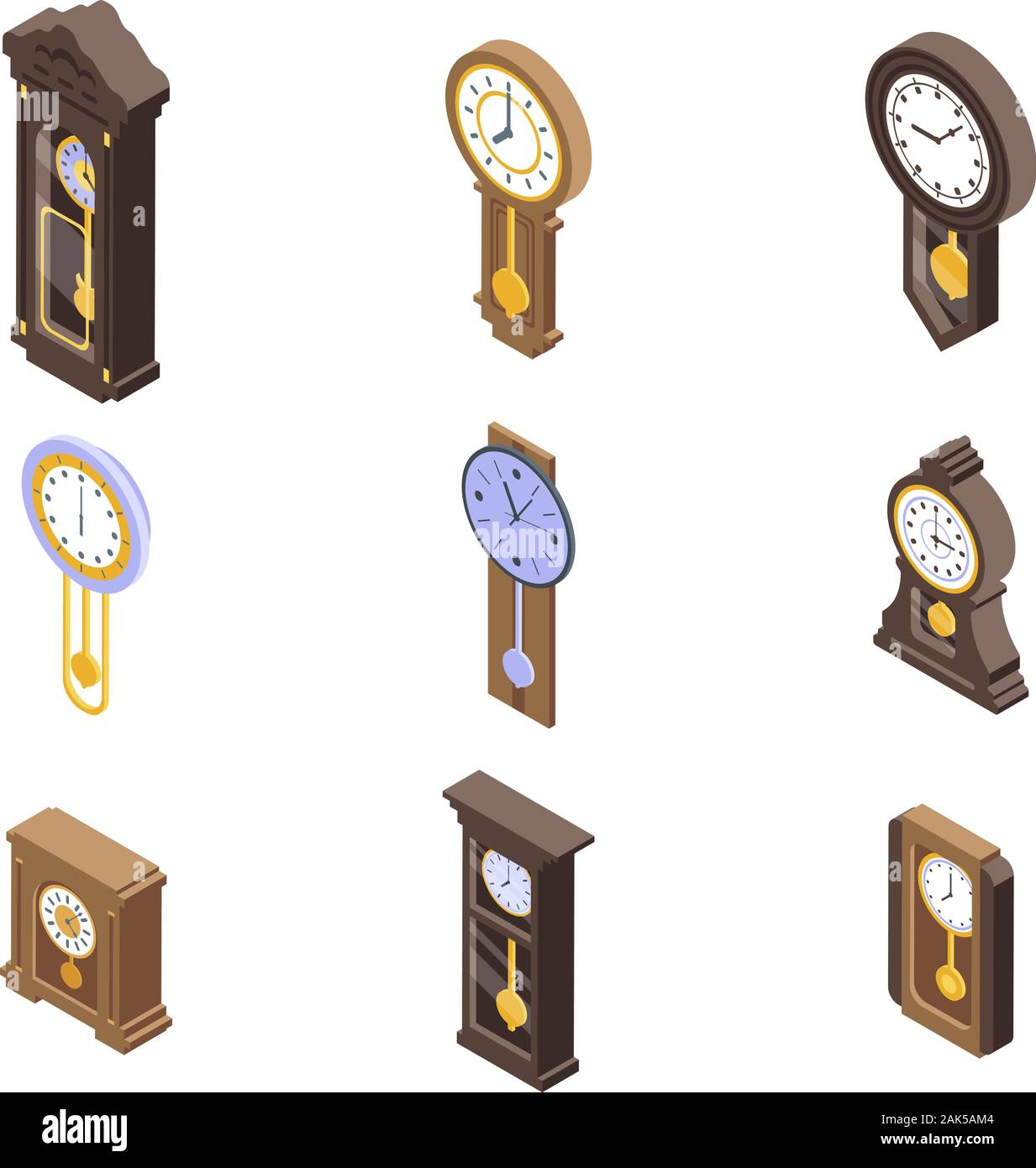 Pendulum clock icons set, isometric style Stock Vector