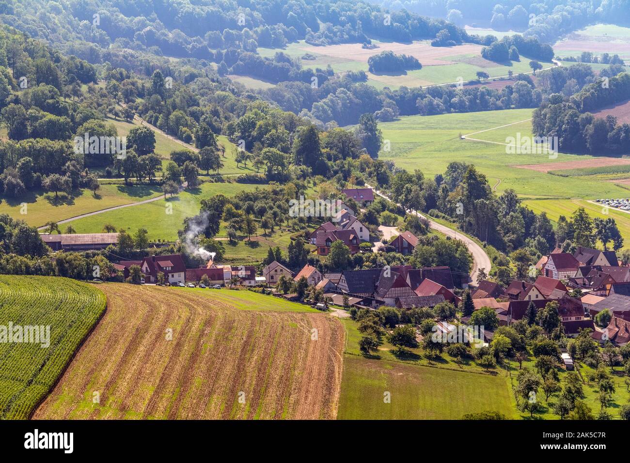 aerial view of a village named Baechlingen in Hohenlohe, Germany at late summer time Stock Photo