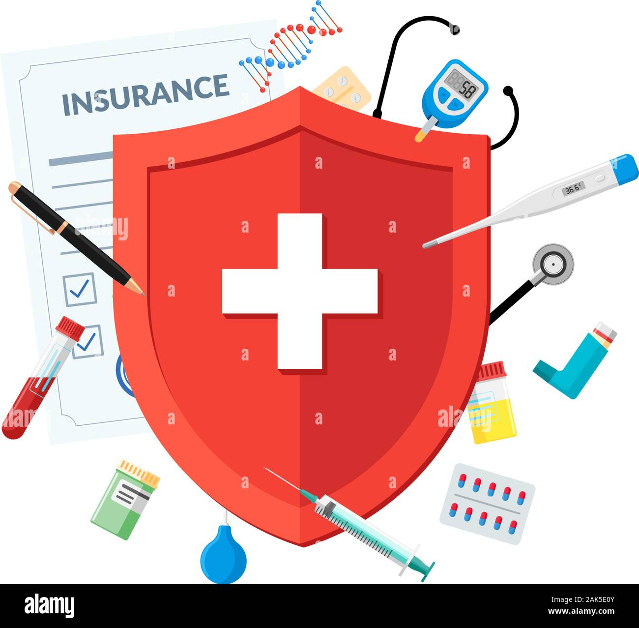 Medical insurance or immune system concept. Red shield on patient protection policy with medicine pharmacy drugs and preparations. Vector immunity symbol illustration Stock Vector