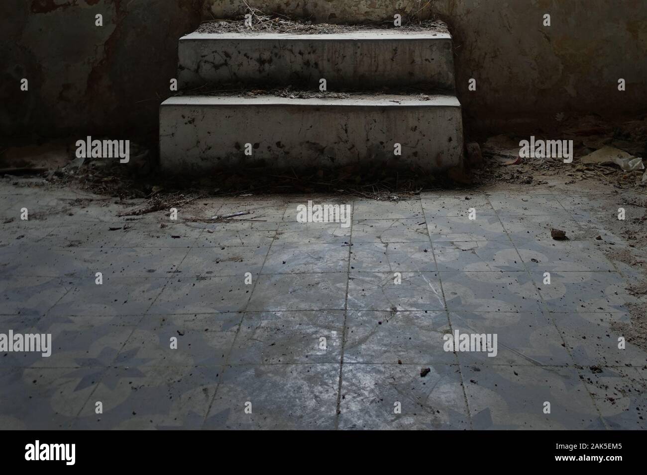 Dusty steps and dirty tiled floor in abandoned interior. Stock Photo