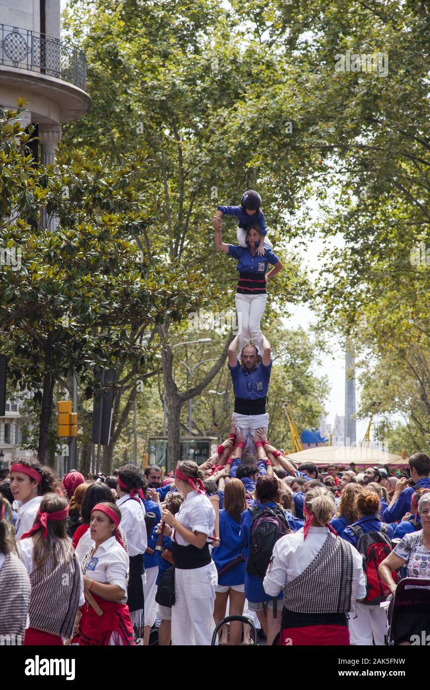 Festa Major de Gracia: typisch katalanische Menschentuerme (Castellers) am Passeig de Gracia im Stadtteil Gracia, Barcelona | usage worldwide Stock Photo