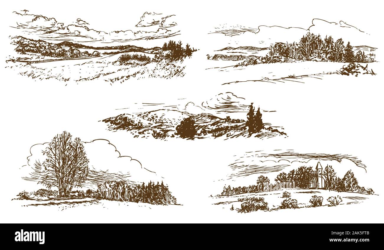 countryside landscape, set of handdrawn illustrations, drawing on