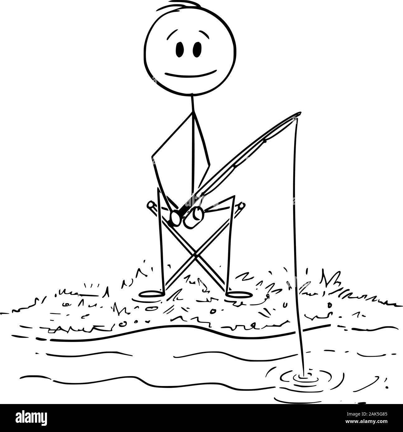 Vector cartoon stick figure drawing conceptual illustration of man or fisherman with rod fishing fish on the lake or river bank. Stock Vector