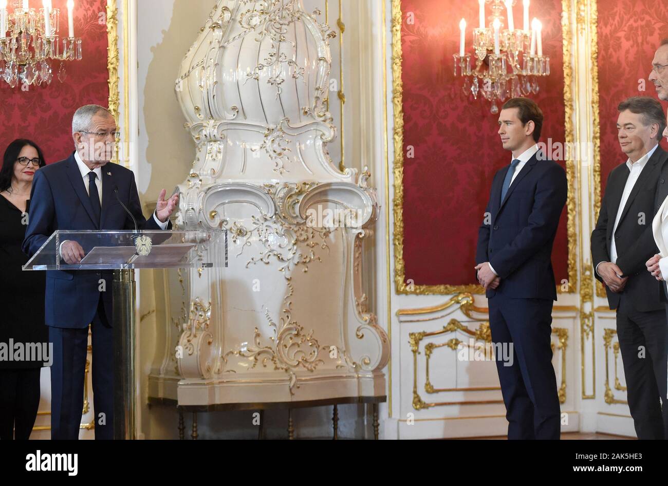 Vienna, Autstria. 7th Jan, 2020. Austria's new Chancellor Sebastian Kurz (3rd, R) and new Vice Chancellor Werner Kogler (2nd, R) attend the swearing-in ceremony in Vienna, Autstria, Jan. 7, 2020. Austria's new coalition government was sworn in by President Alexander Van der Bellen at the presidential residence of Hofburg Palace on Tuesday. Credit: Guo Chen/Xinhua/Alamy Live News Stock Photo