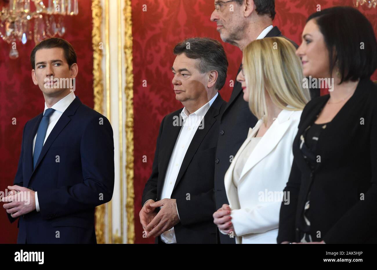 Vienna, Autstria. 7th Jan, 2020. Austria's new Chancellor Sebastian Kurz (1st, L) and new Vice Chancellor Werner Kogler (2nd, L) attend the swearing-in ceremony in Vienna, Autstria, Jan. 7, 2020. Austria's new coalition government was sworn in by President Alexander Van der Bellen at the presidential residence of Hofburg Palace on Tuesday. Credit: Guo Chen/Xinhua/Alamy Live News Stock Photo