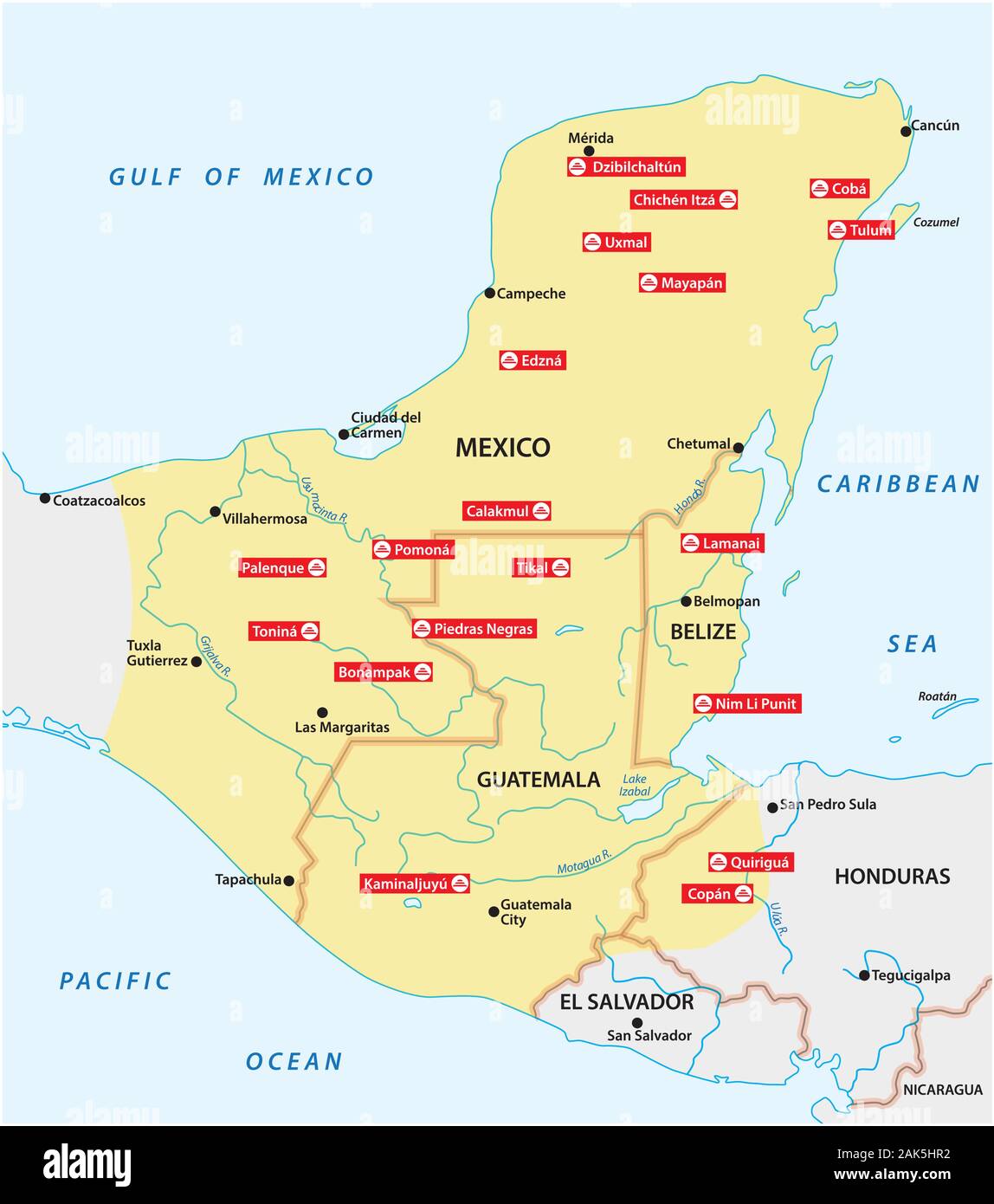 Map of the Mayan Empire with the most important cities in Central America Stock Vector