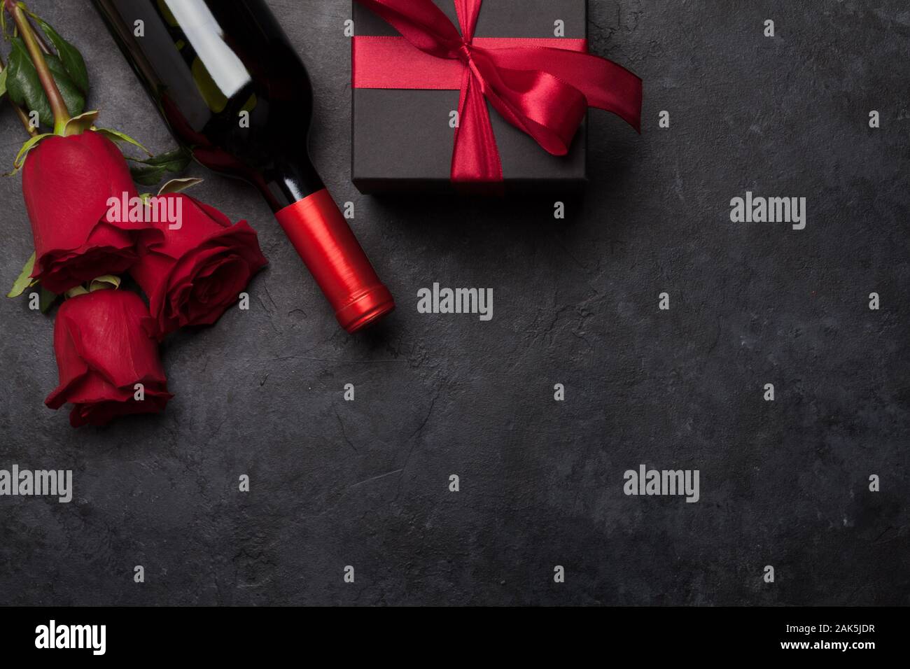 Valentines day greeting card with rose flower bouquet, red wine and ...