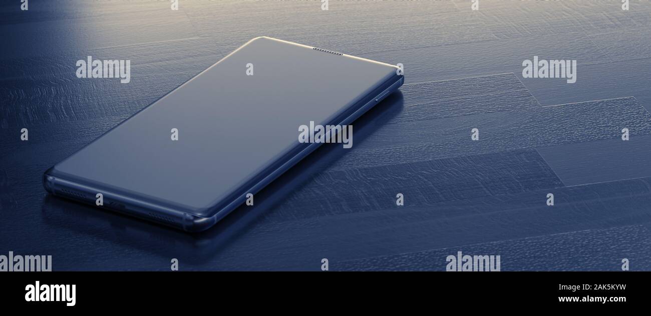 A Single Mobile Phone or Smartphone on Wooden Dark Grey Table. Stock Photo