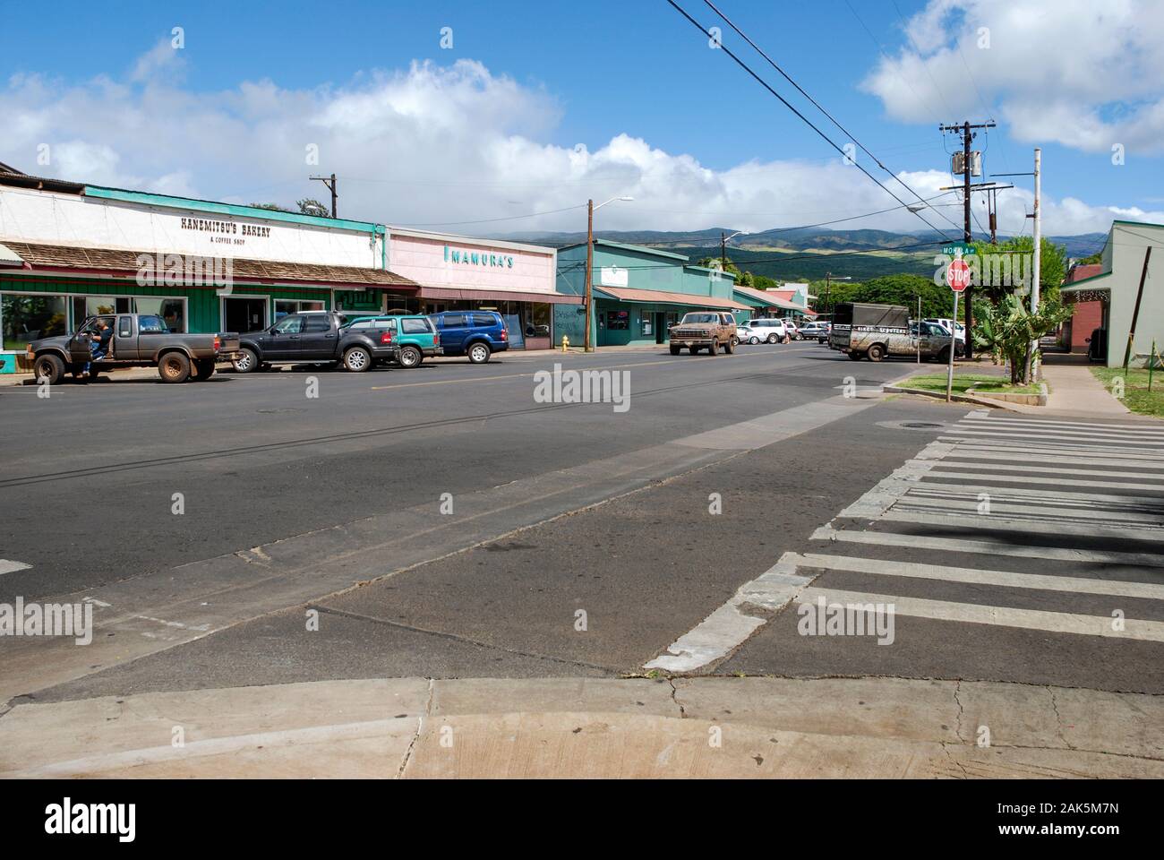 Kaunakakai the main city on Molokai Hawaii showing Kanemitsu's Bakery storefront.  One of Molokai's longest standing eateries Stock Photo