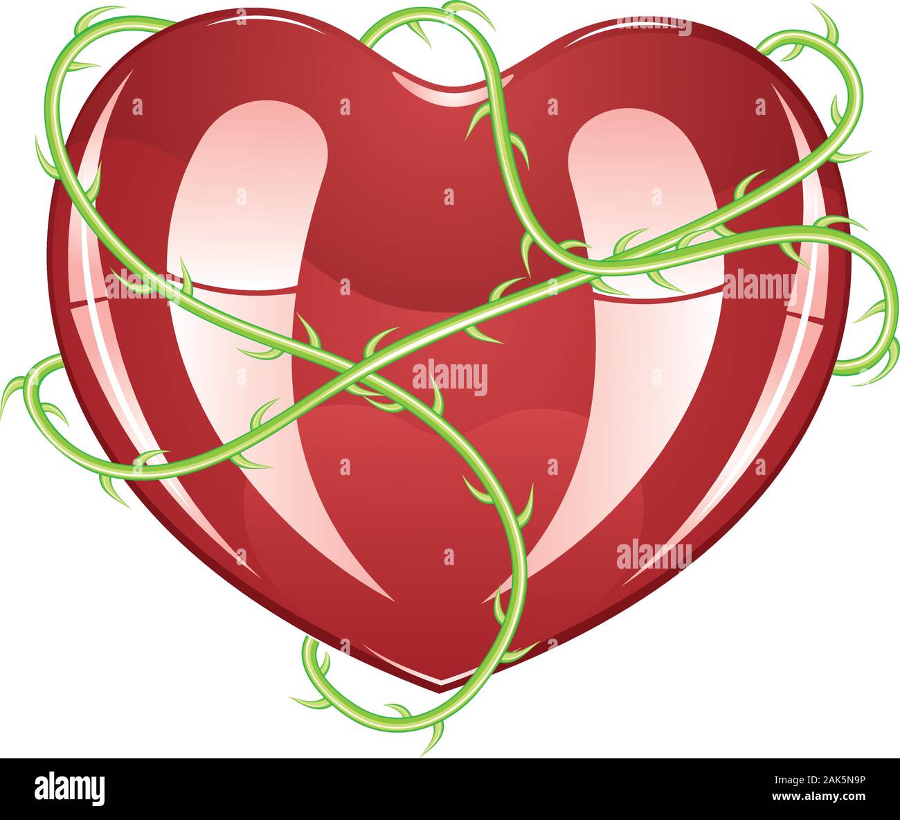 Red glossy heart icon with green rose thorns on white background. Stock Vector