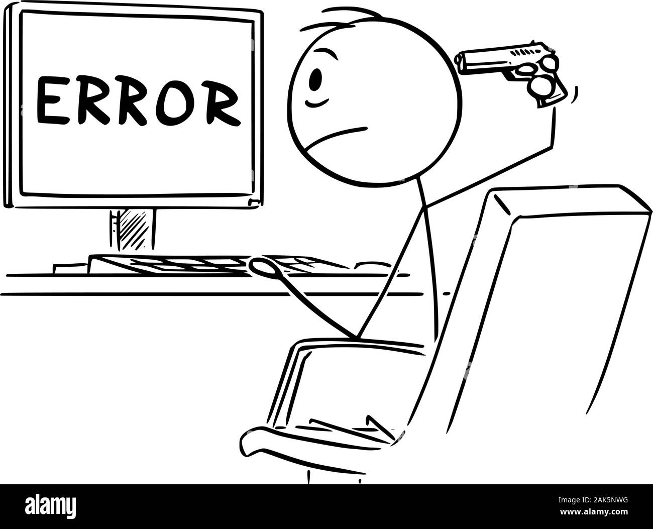 Vector cartoon stick figure drawing of desperate man or businessman working on computer and watching network or program error Message. He is going to kill yourself with hand gun. Stock Vector