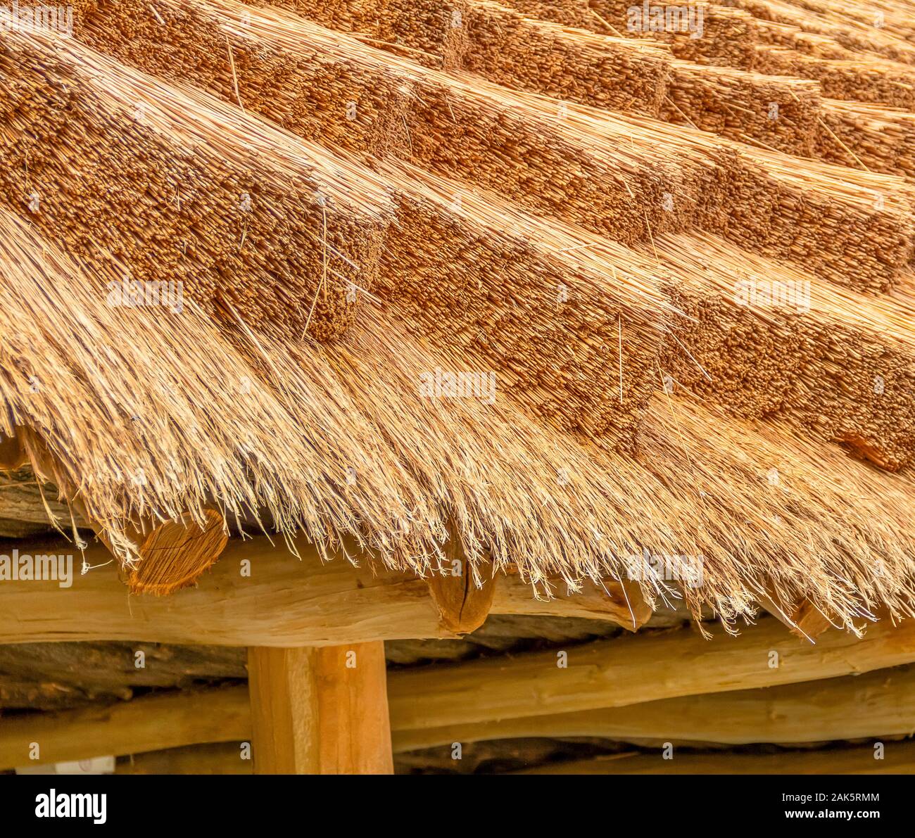 closeup shot showing a wooden construction with thatched roof Stock Photo