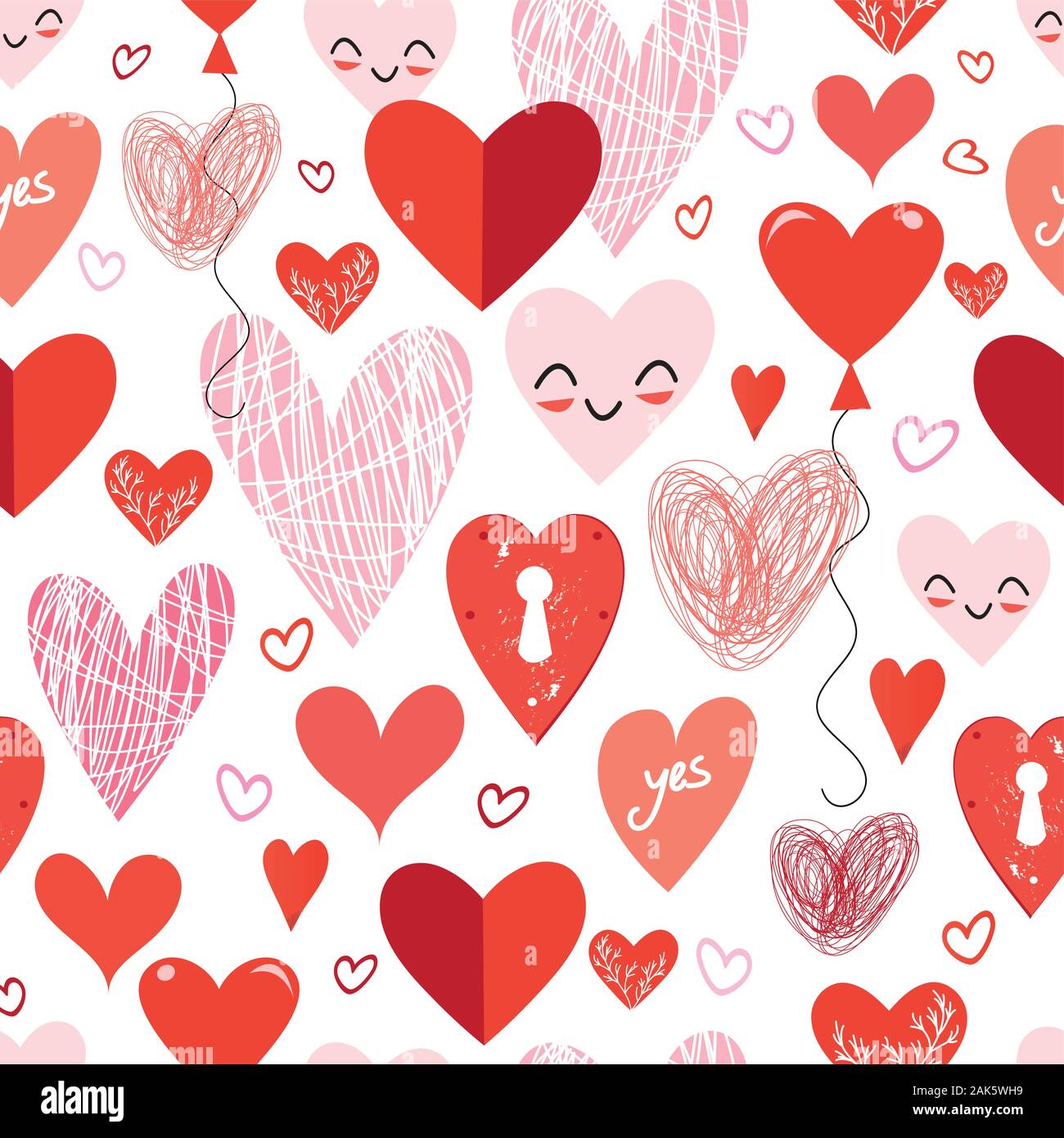 Seamless holiday pattern with different loving hearts on white background Stock Vector