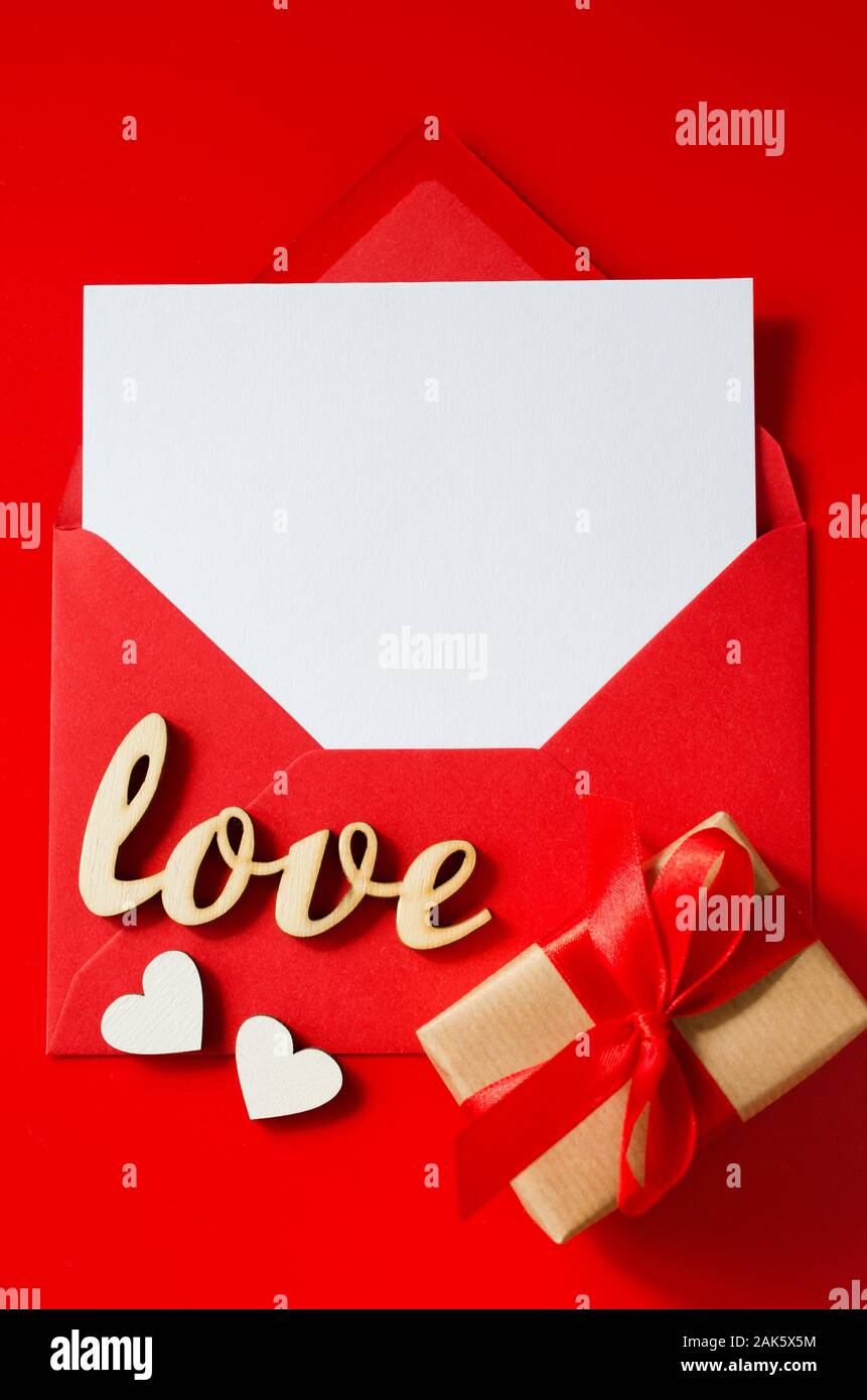Valentines day greeting card. Red envelope with blank card. Mockup of ...