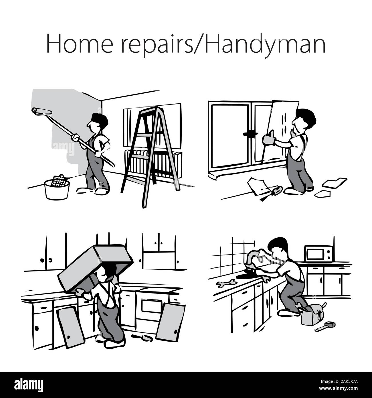 Set of black and white illustrations with home repairs theme (handyman-repairman in various repair work), vector illustrations Stock Vector