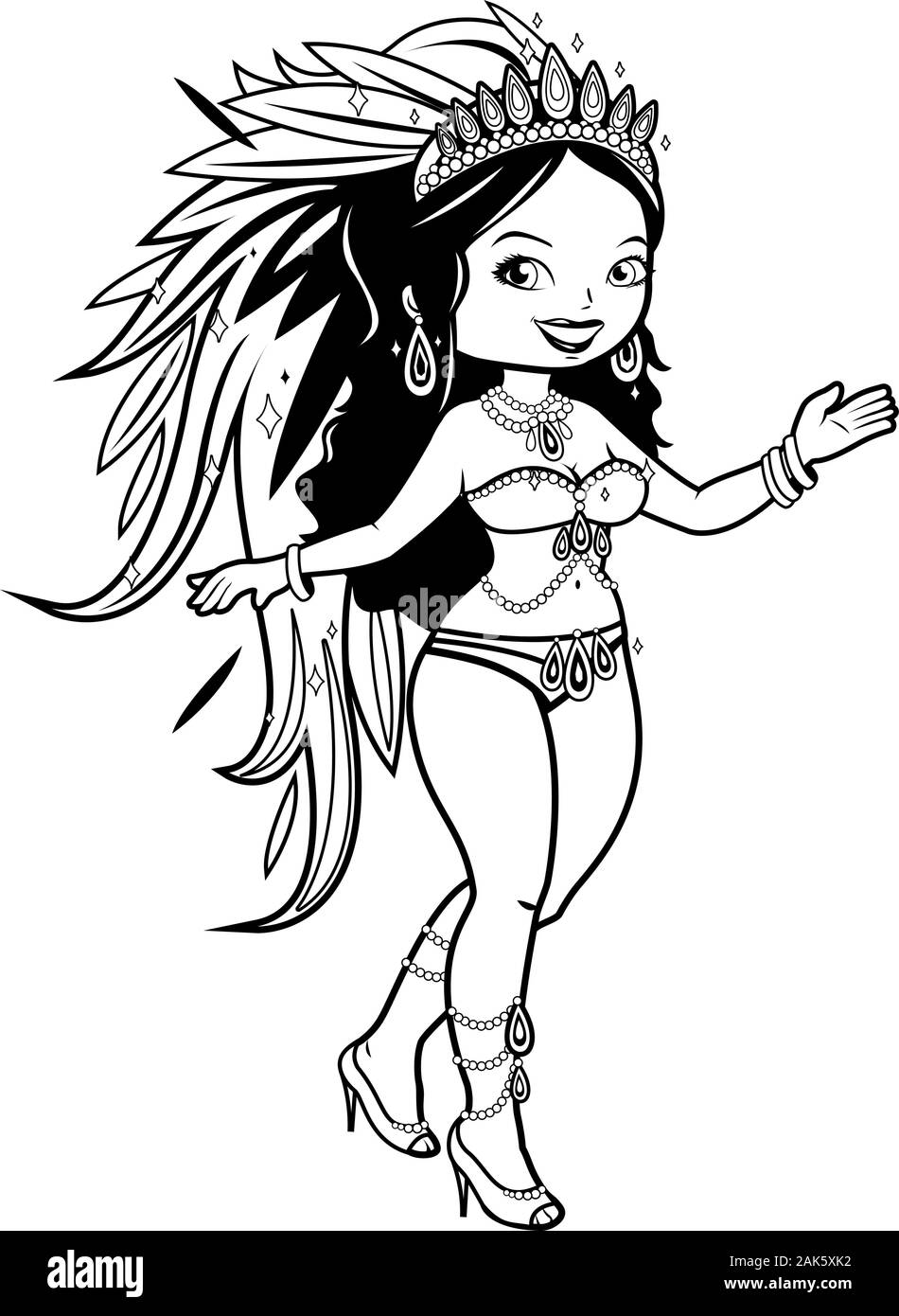 Exotic carnival dancer woman. Vector black and white coloring page Stock Vector
