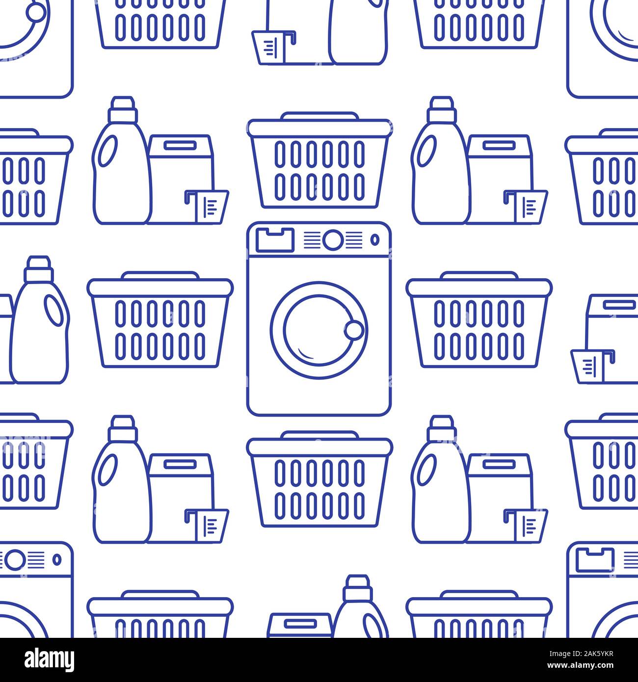 Vector seamless pattern Washing machine, laundry basket, washing powder ...