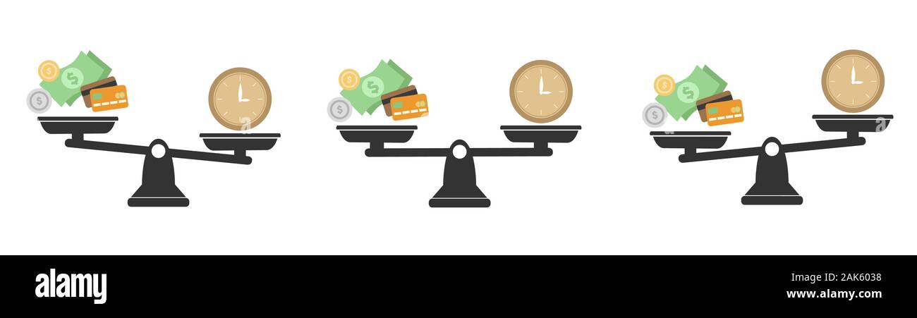 Money and Time balance an imbalance of scales. Clock and money symbols ...