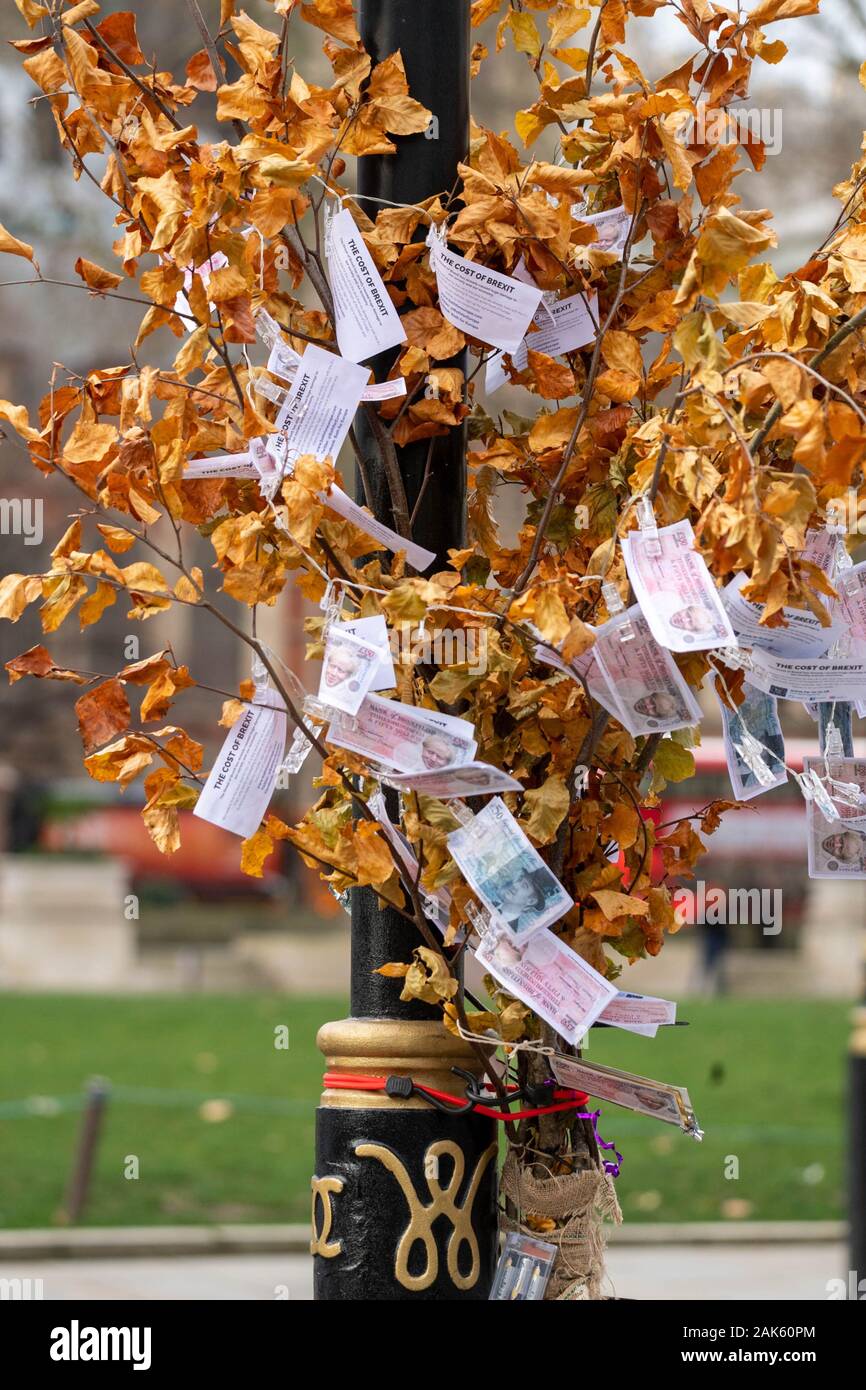 London UK 7th Jan. 2020 Pro and anti brexit protesters outside the Houses of Parliament .A 'magic money tree put up by anti brexit supporters Credit Ian DavidsonAlamy Live News Stock Photo