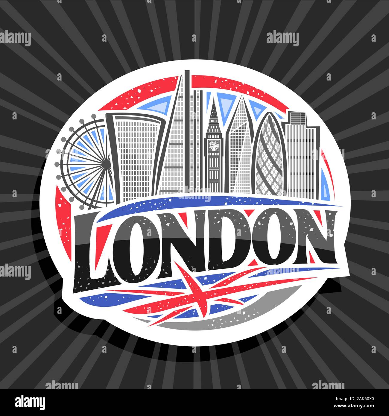 Vector logo for London, white decorative sticker with art draw of cartoon office skyscrapers in capital of United Kingdom, design badge with original Stock Vector