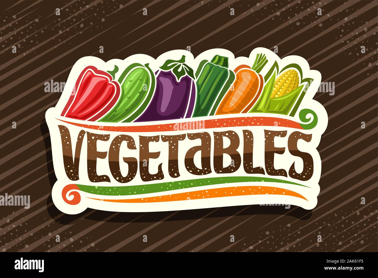 Vector logo for Fresh Vegetables, cut paper tag with illustration of cartoon raw veggies in a row, decorative signage with original type for word vege Stock Vector