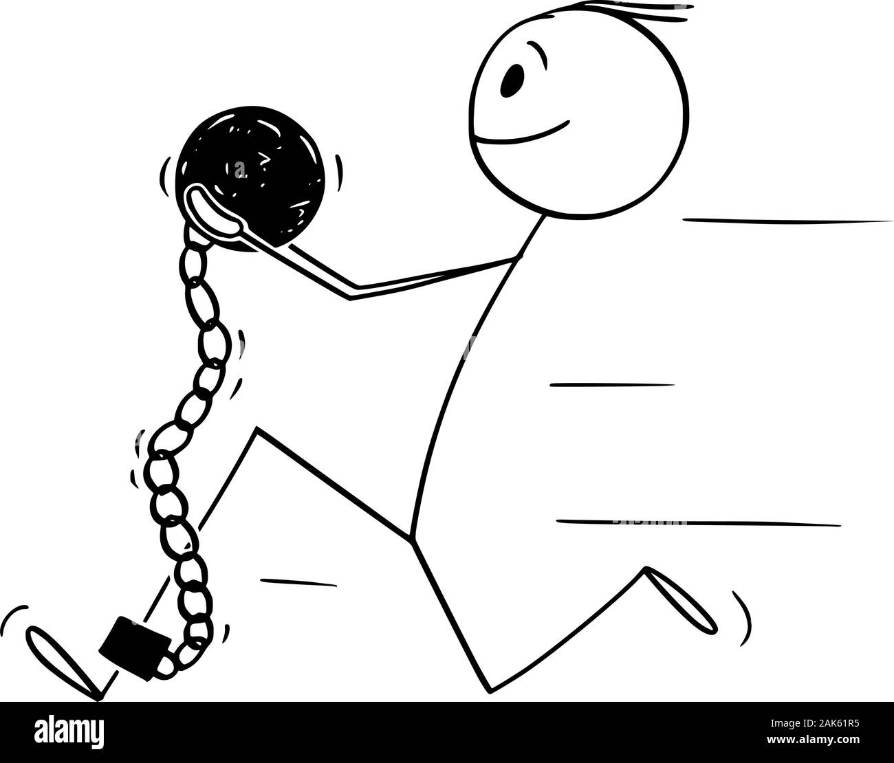 Vector cartoon stick figure drawing conceptual illustration of man in chain with iron ball attached to hid leg, he is running away or escaping from prison. Stock Vector